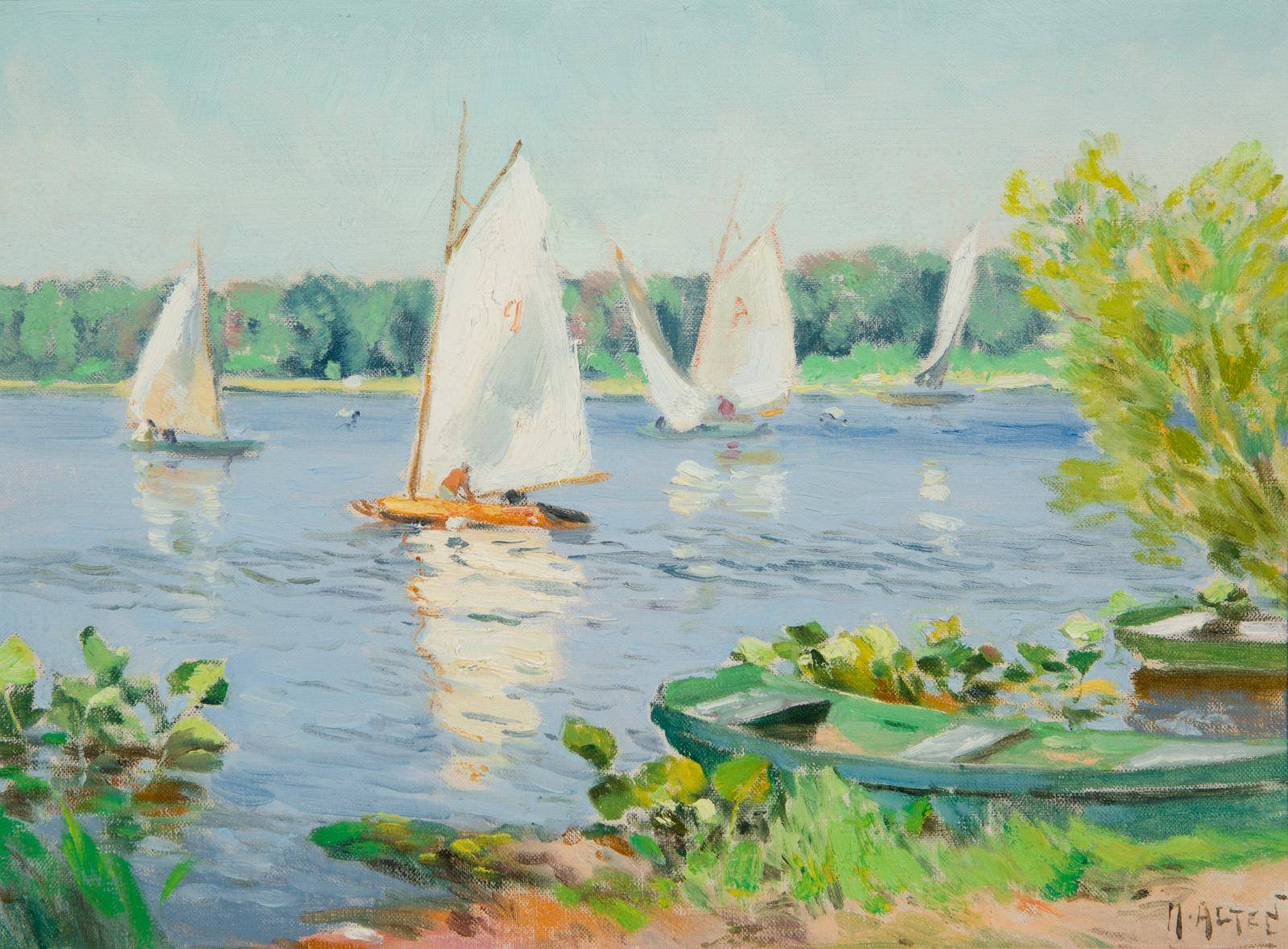 mathias alten painting of reeds lake with sailboats